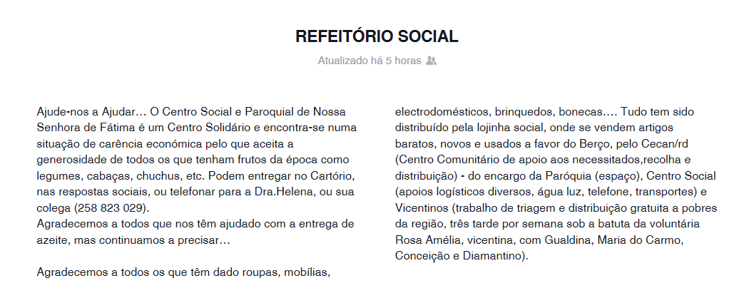 Paróquia de Nossa Senhora de Fátima pede alimentos para fazer face à procura no refeitório social
