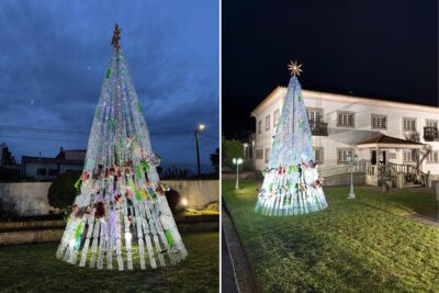 Árvore de Natal feita com 700 garrafas de plástico brilha em Carreço