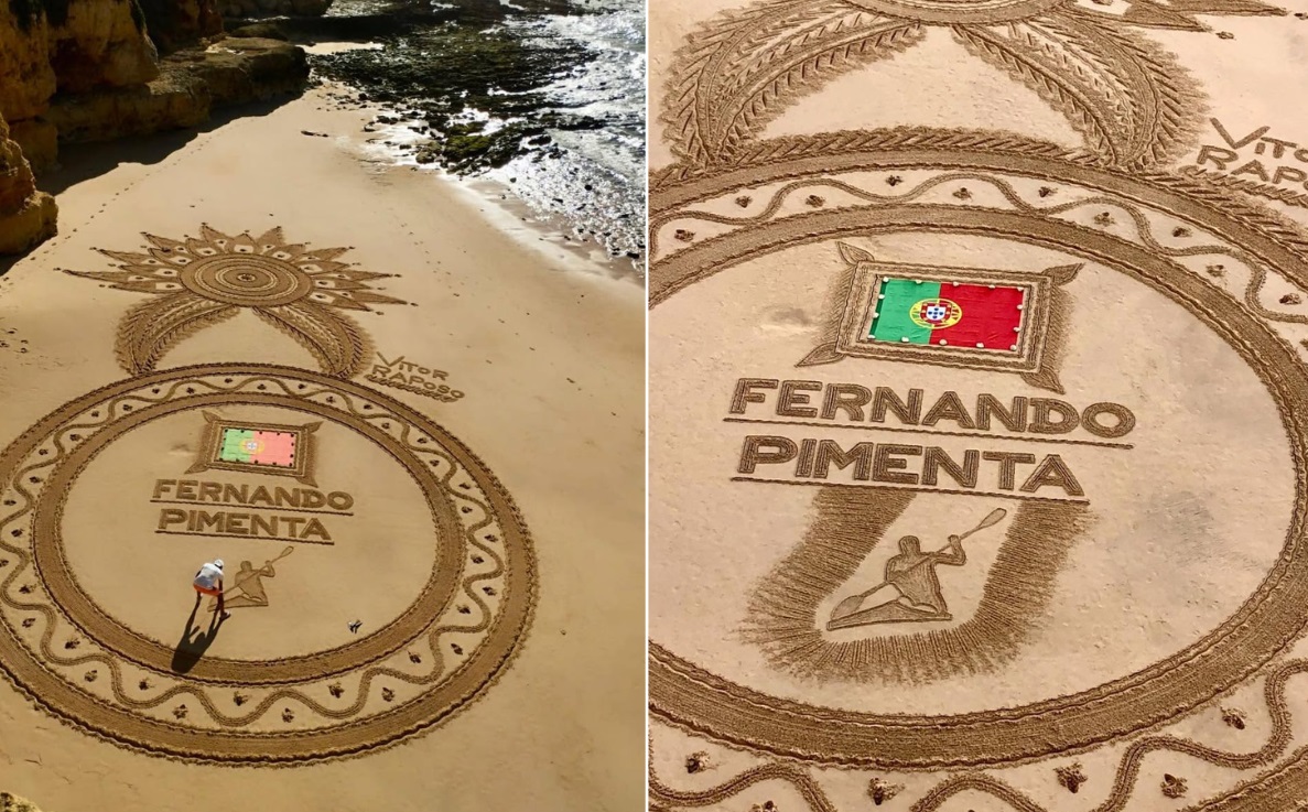 Artista Vítor Raposo homenageia o canoísta Fernando Pimenta em praia do Algarve